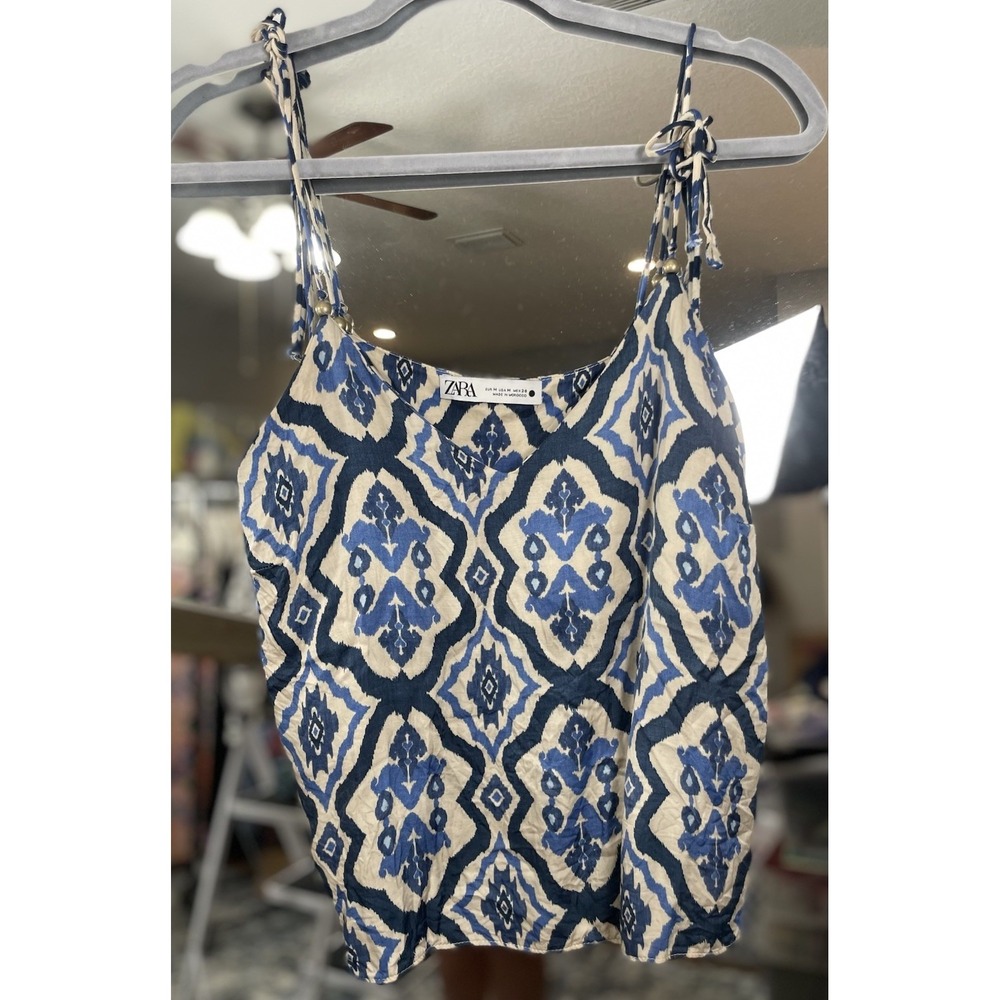 ZARA Leia Argyle Diamond Boho Blue Silky Style Polyester Top Tie Straps Blouse M